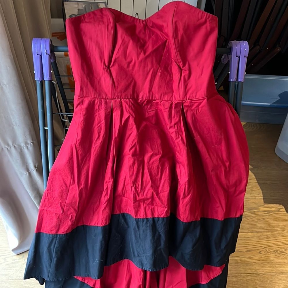 eShakti Colorblock Crimson Red Navy High-Low Strapless Sweetheart Dress Pockets
